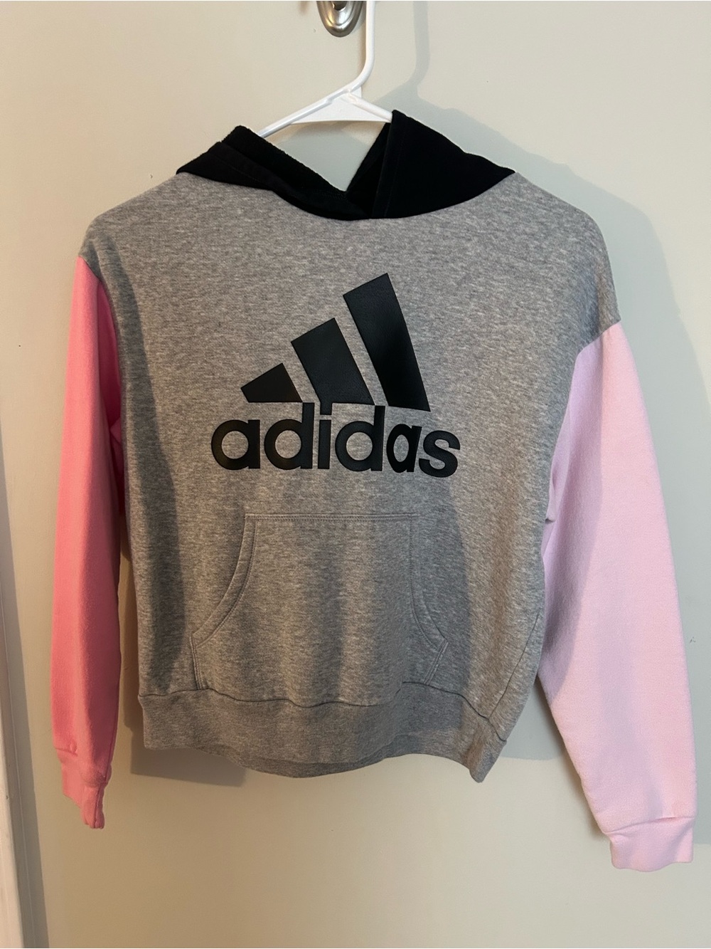 adidas Girls' Gray Hoodie with Pink Contrast Sleeves and Black Logo